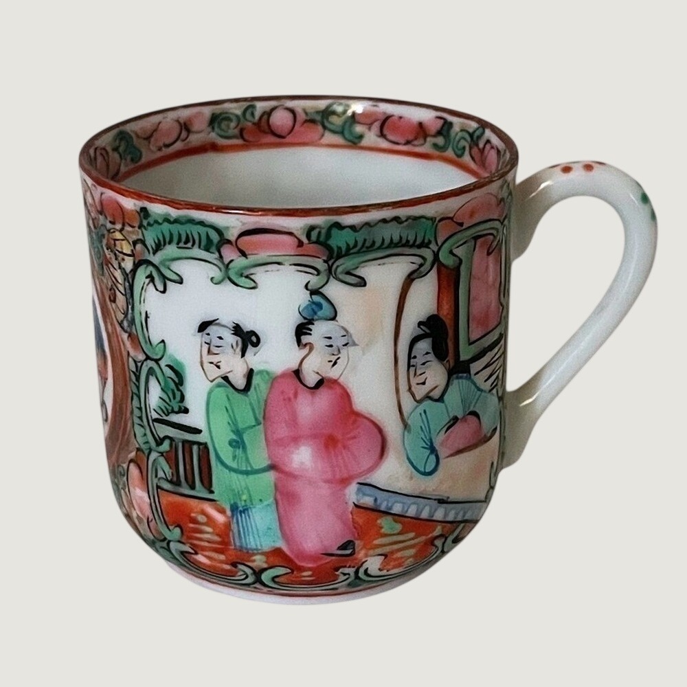 Famille Rose Medallion Chinese Porcelain Demitasse Cup Vintage Stamped Colorful